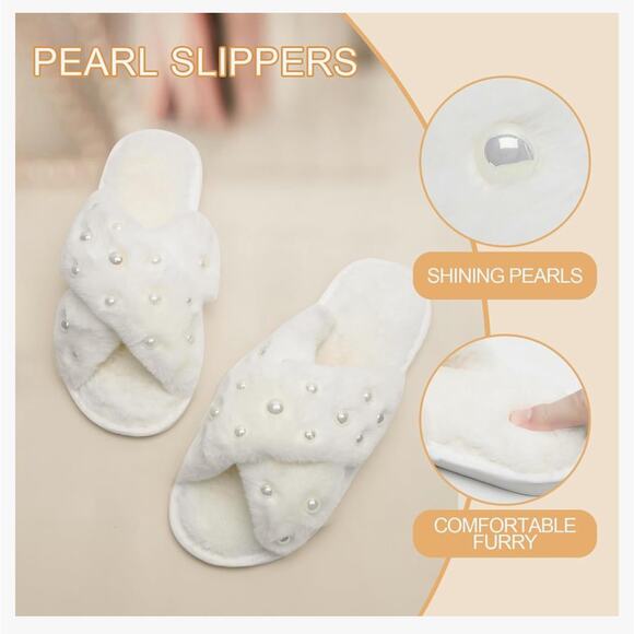 Bridal Bridesmaid Pearl Fuzzy Slipper Set 8.5 - Picture 14 of 15